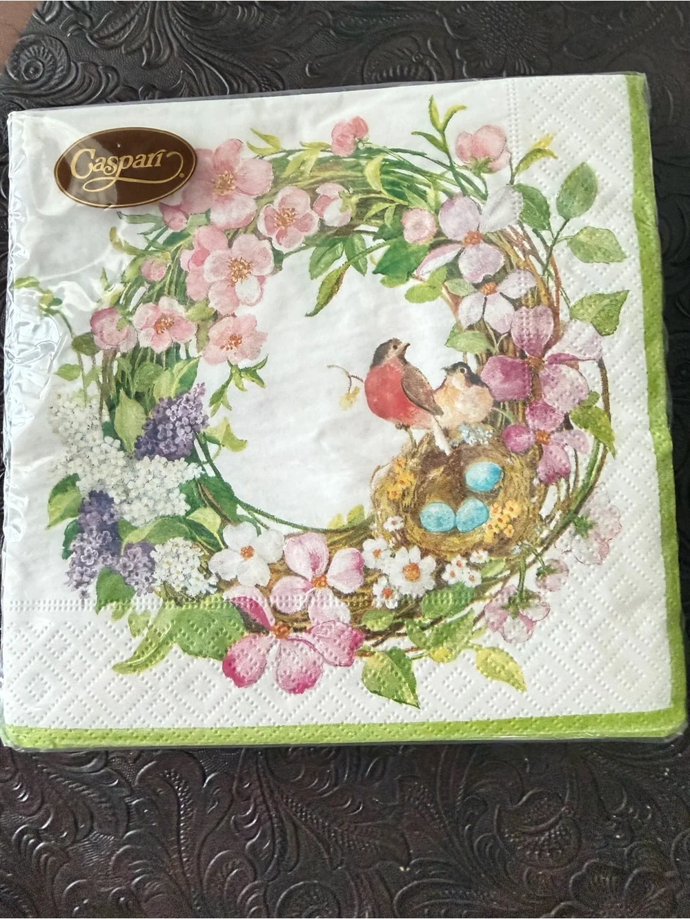 Three packages of Caspari napkins. 1 lunch 2 cocktail Floral Bird Paper Napkins